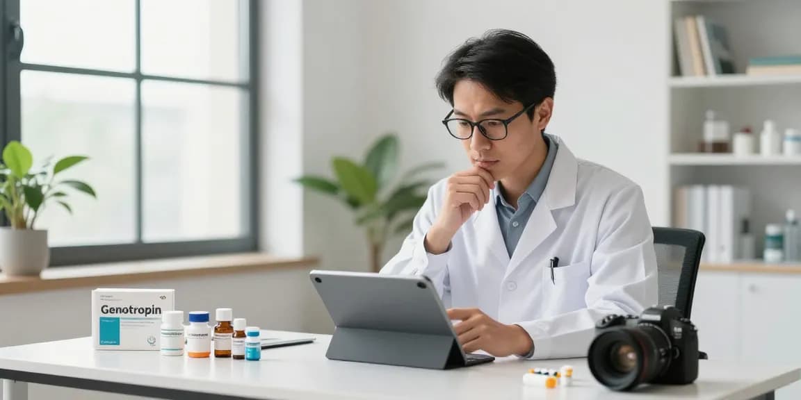 Explore Genotropin kopen in a professional health setting with various medications and a healthcare expert.
