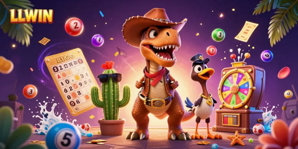 Experience the thrill of LLWIN with a vibrant 3D casino-themed illustration showcasing a cowboy dinosaur and dynamic lottery elements.