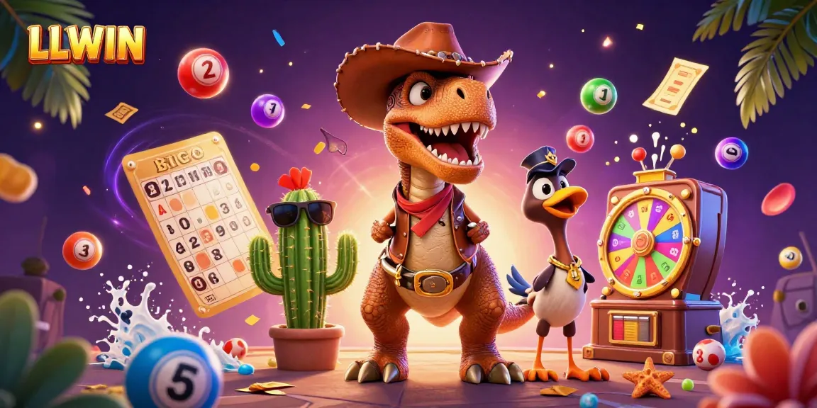 Experience the thrill of LLWIN with a vibrant 3D casino-themed illustration showcasing a cowboy dinosaur and dynamic lottery elements.