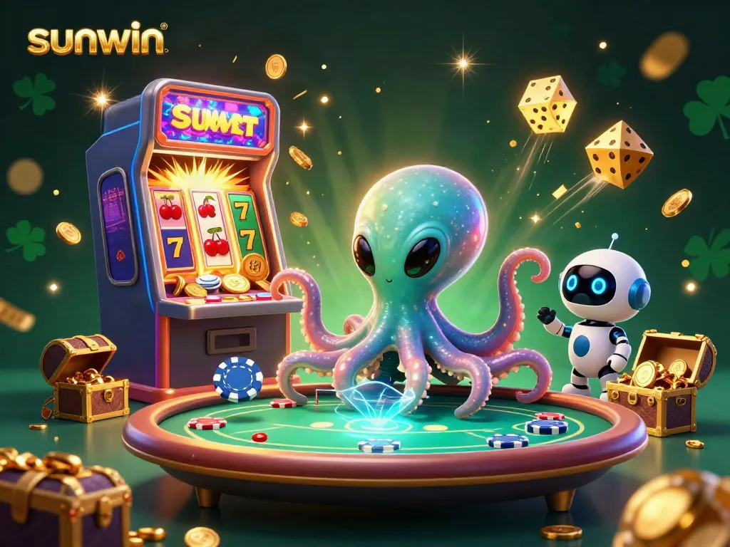 Experience thrilling gameplay with sunwin, featuring a vibrant alien octopus at a holographic poker table.