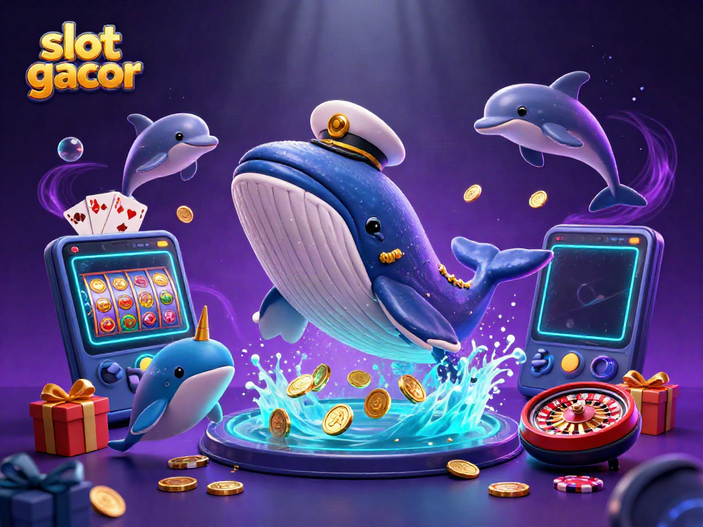 Experience exciting slot gacor action with a whimsical digital illustration featuring a whale, narwhal, and dolphins surrounded by casino elements.