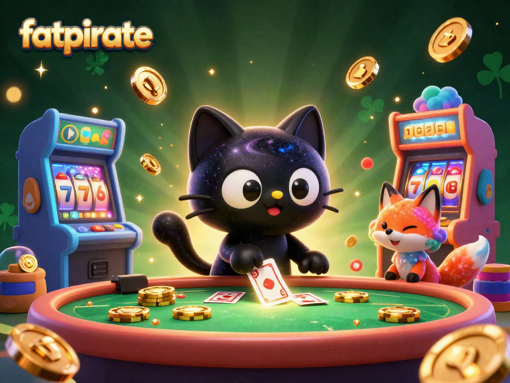 Engage with the thrilling fatpirate casino scene featuring a cosmic black hole cat and vibrant game elements.