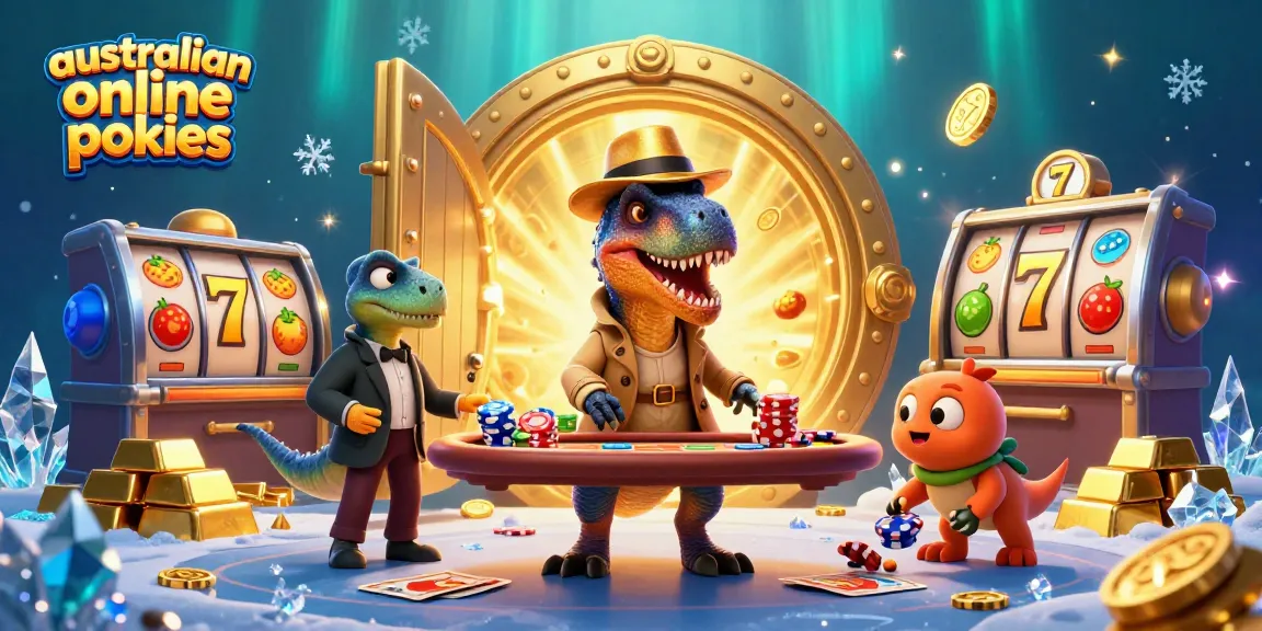 Spin to win with vibrant australian online pokies scene featuring playful dinosaurs.