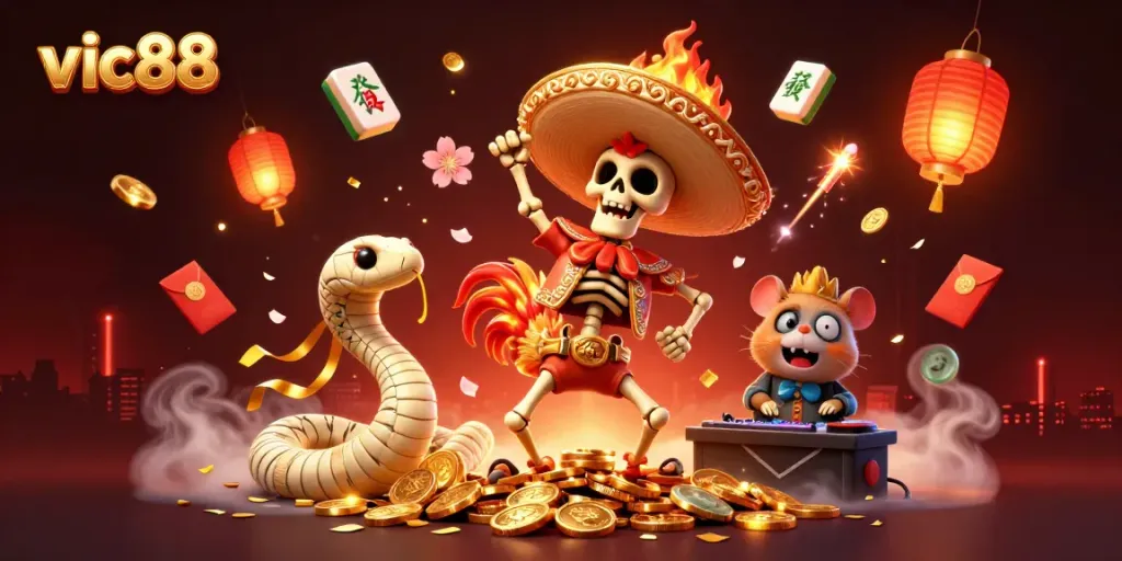 Experience the vibrant world of vic88 as celebratory characters dance among gold coins and festive symbols in a lively casino atmosphere.