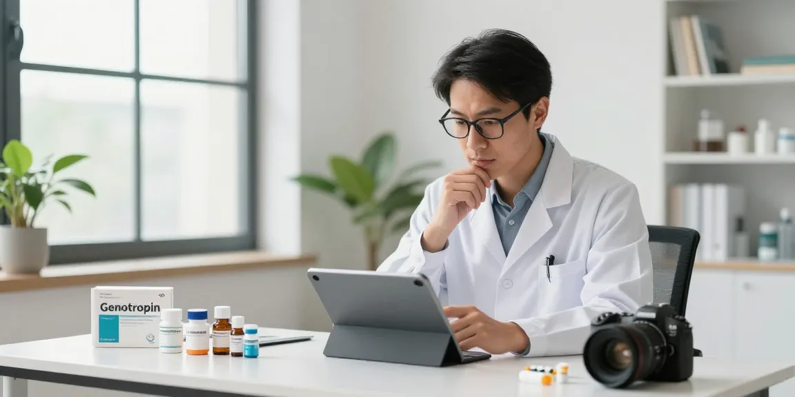 Explore Genotropin kopen in a professional health setting with various medications and a healthcare expert.