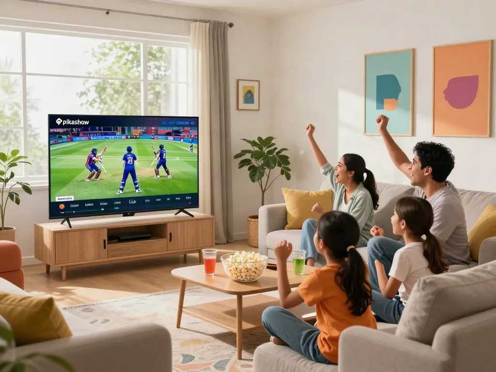Family enjoying IPL cricket on Pikashow app in a cozy living room, reflecting modern entertainment.