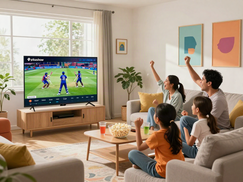 Family enjoying IPL cricket on Pikashow app in a cozy living room, reflecting modern entertainment.