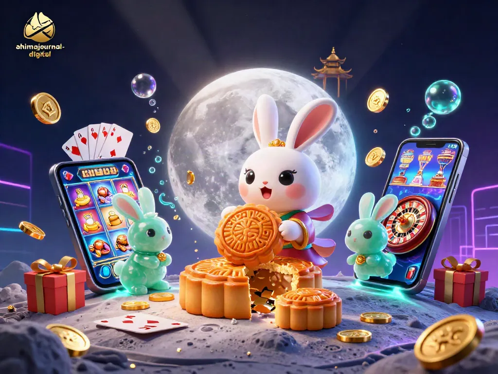 Engaging ahimajournal-digital scene of the moon rabbit revealing poker chips with vibrant casino elements.