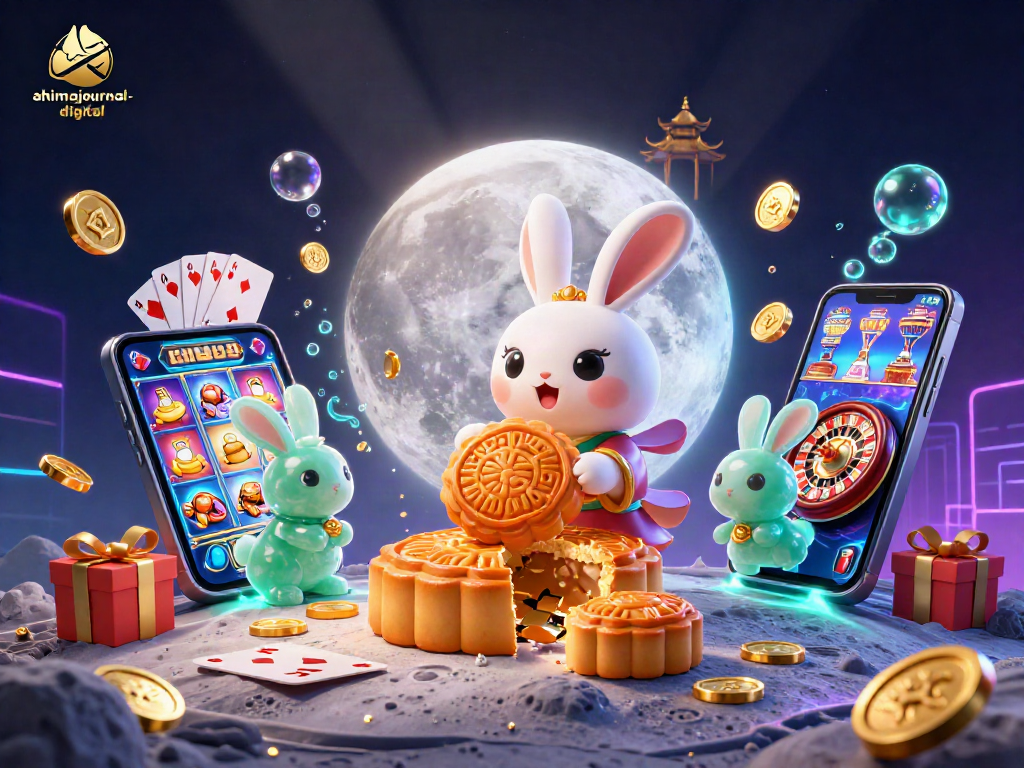Engaging ahimajournal-digital scene of the moon rabbit revealing poker chips with vibrant casino elements.