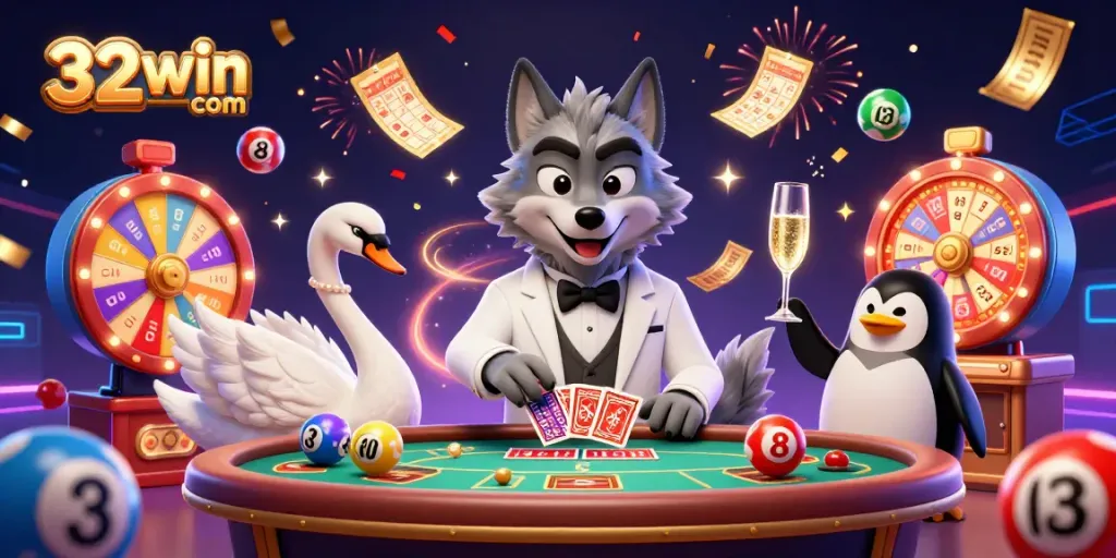 Experience the excitement of gaming with 32win com as lively characters engage at a baccarat table, surrounded by vibrant gambling elements.