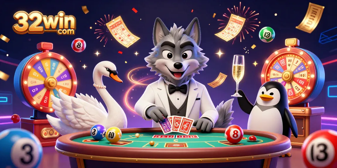Experience the excitement of gaming with 32win com as lively characters engage at a baccarat table, surrounded by vibrant gambling elements.