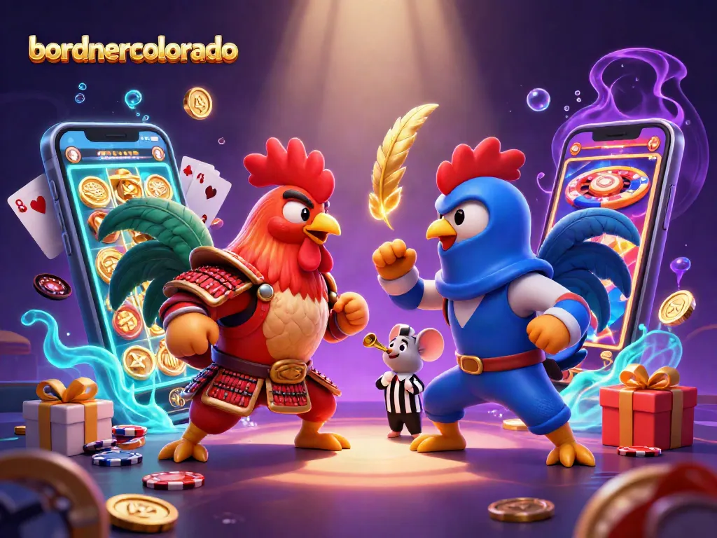 Engage with bordnercolorado's thrilling standoff of cartoon roosters, amidst vibrant casino elements!