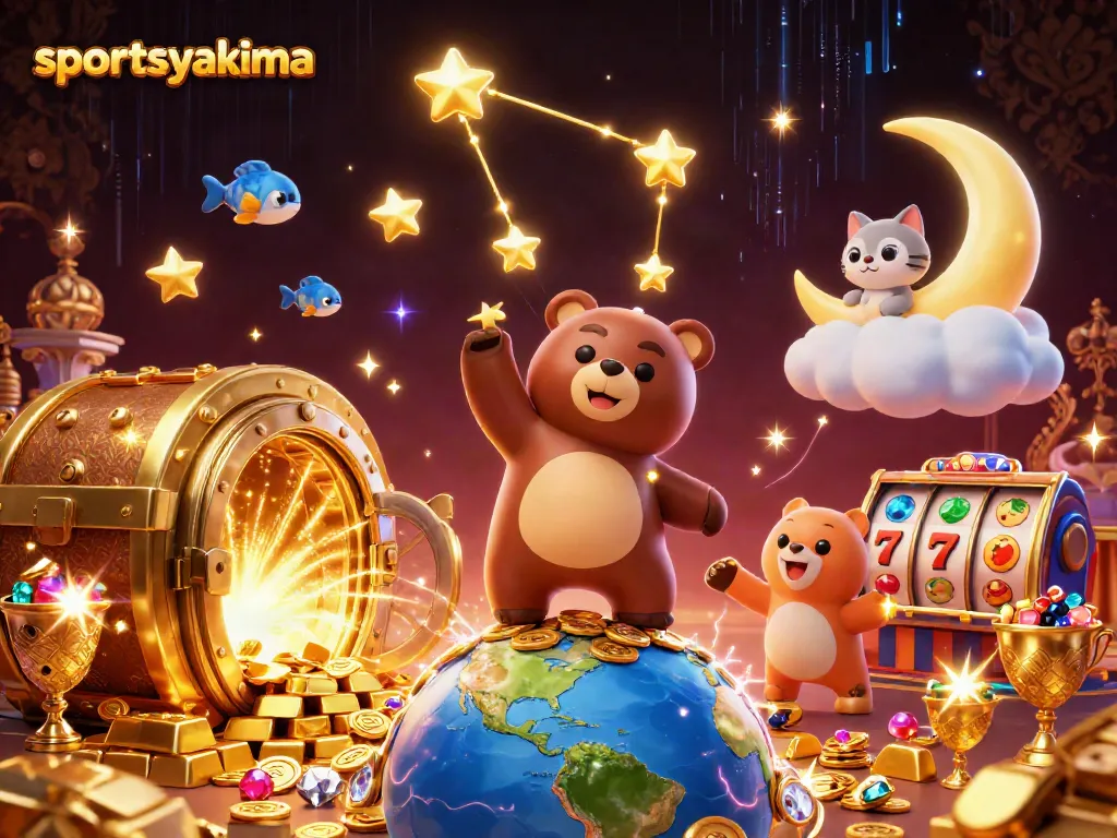Experience the excitement of sportsyakima as the constellation bear collects casino treasures in a vibrant scene.