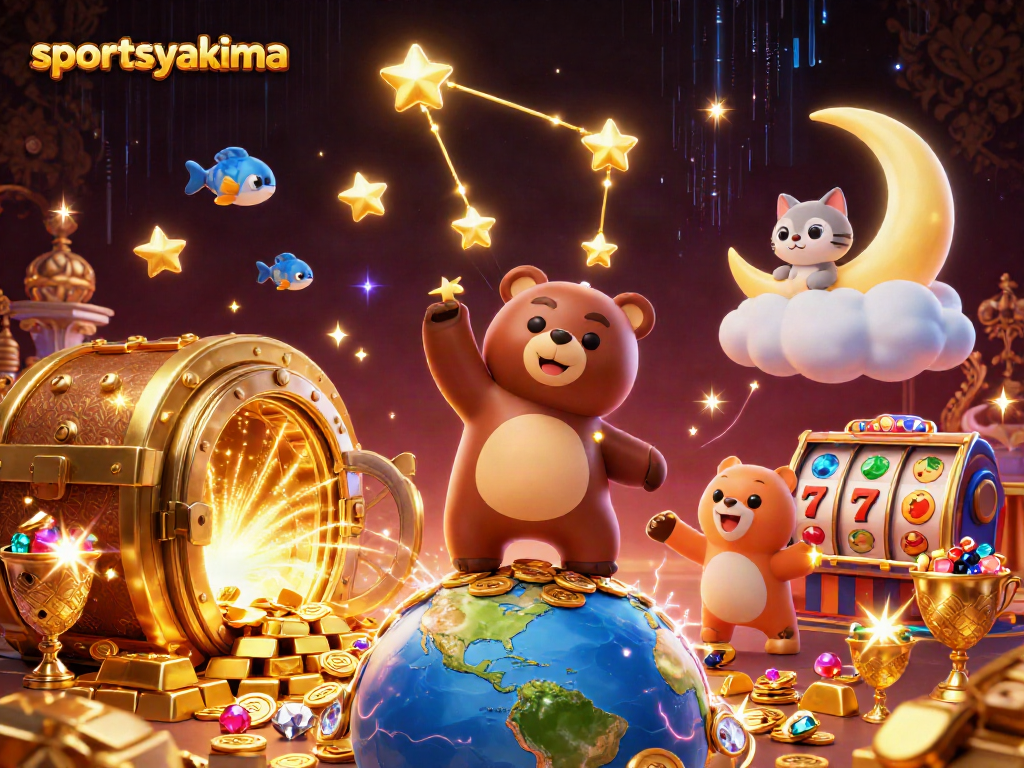 Experience the excitement of sportsyakima as the constellation bear collects casino treasures in a vibrant scene.