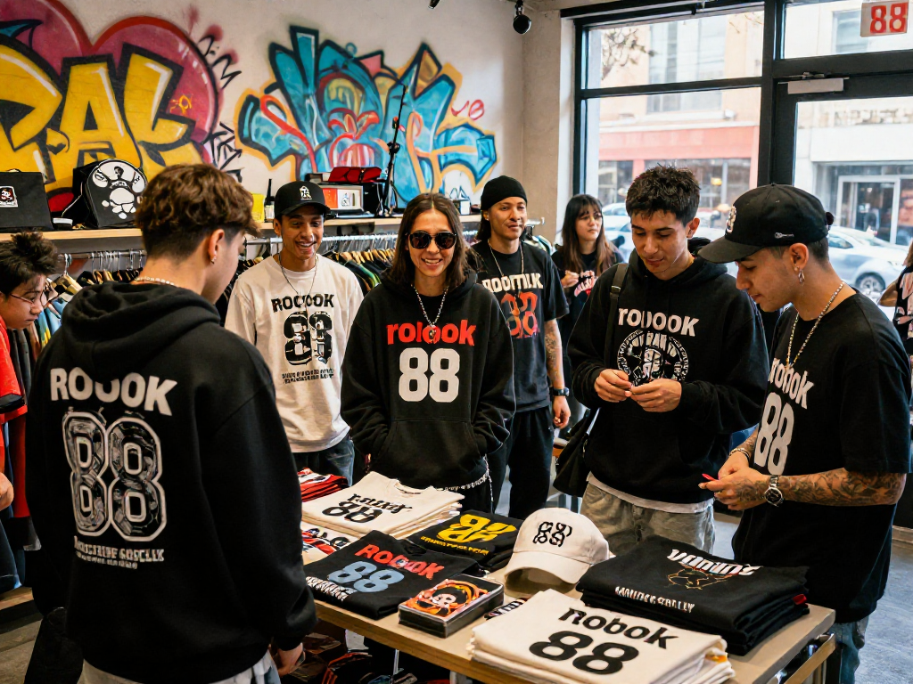 View of trendy young adults showcasing rokok 88 streetwear merchandise in a vibrant pop-up shop atmosphere.