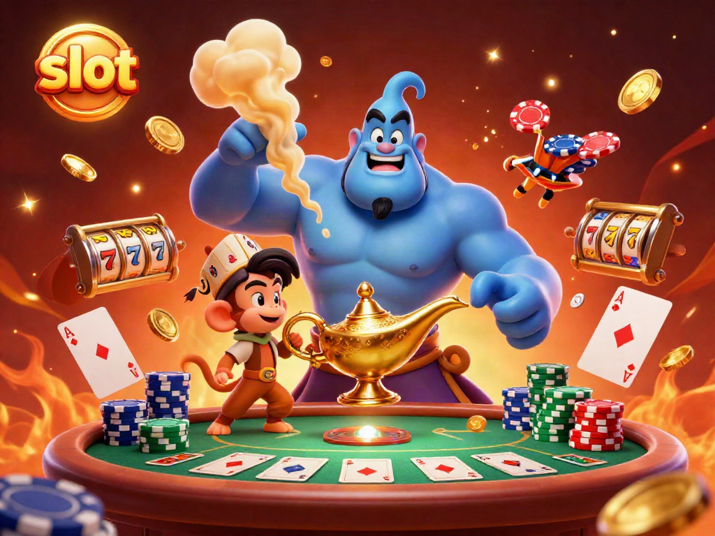 Experience thrilling slot action with a vibrant scene of a genie and monkey amidst spinning reels and poker chips.