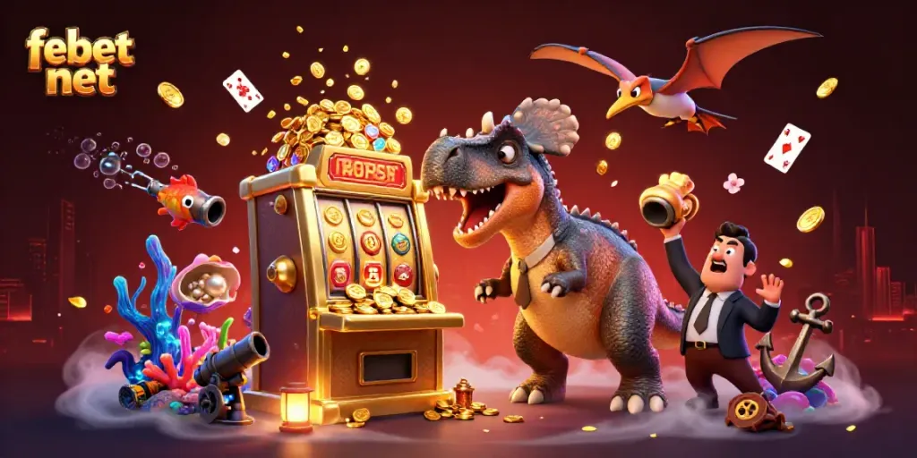 Experience excitement at febet net with a cartoon dinosaur winning jackpots at a dynamic casino scene.