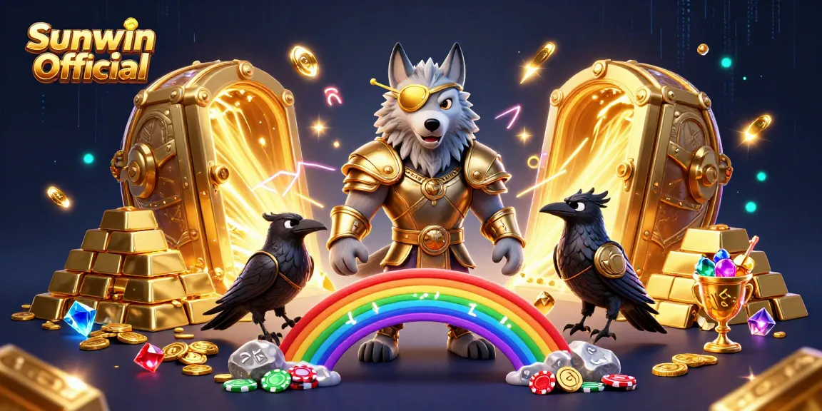 Engage with Sunwin Official's 3D fantasy scene showcasing Odin and casino treasures amidst dynamic effects.