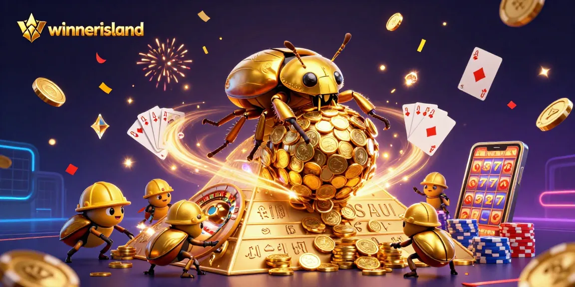 Engage with winnerisland's vibrant casino world featuring golden beetles, coins, and exciting gaming elements.